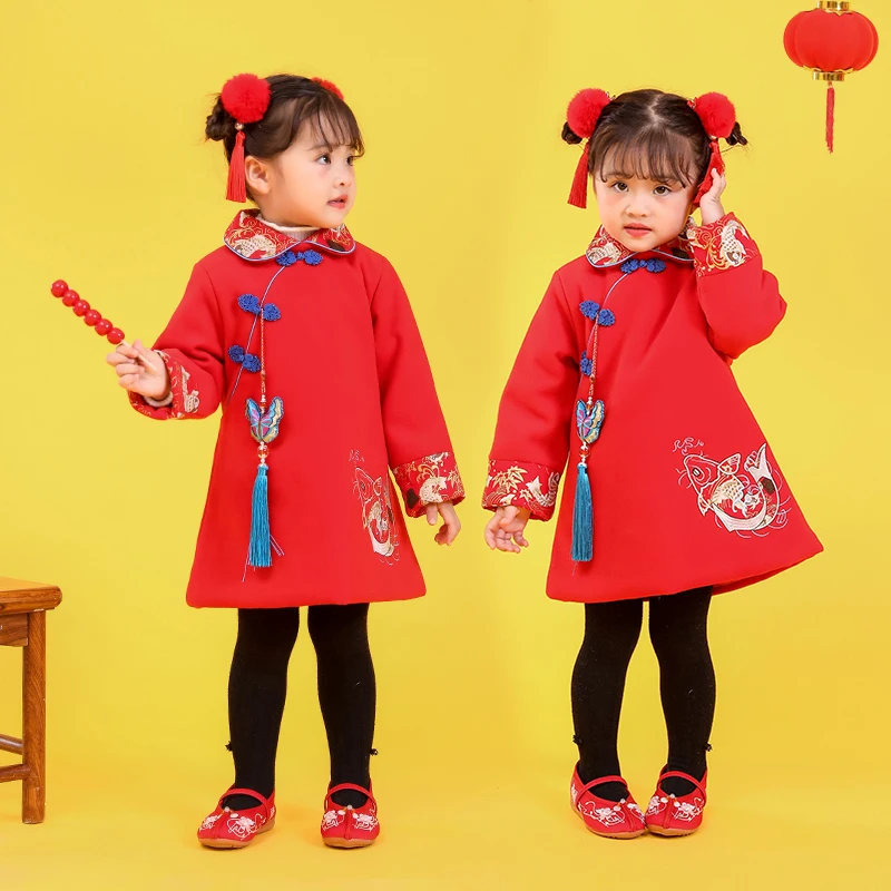 2020 M. Kinijos Viršuje Vaikai Tangsuit Naujųjų Metų Drabužių Emboridery Karpis Hanfu Baby Girl Qipao Suknelė