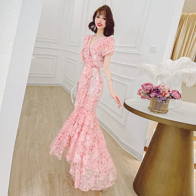 2021 Vasaros Moterų Šifono Kostiumas 2 Vienetų Komplektas Elegantiškas Mados Spausdinimo Sluoksniuotas Pyragas Suknelė Ponios Šifono Viršūnes+ Sijonas Suknelės