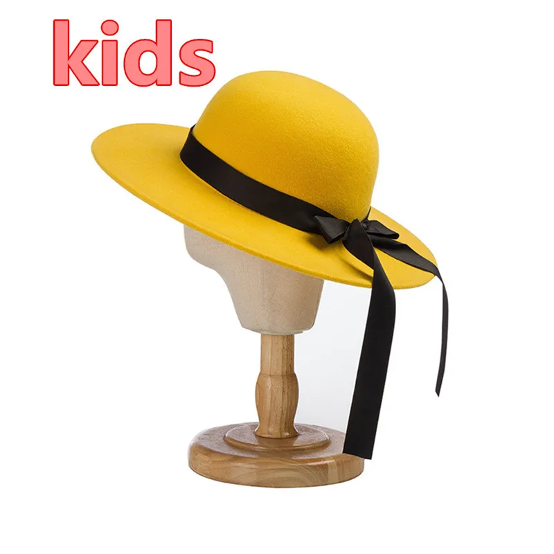 202107-hh3006C NAUJA rudens žiemos geltona raudona vilna bowknot 53cm galvos dydis atostogų vaikams mergina saulės bžūp vaikų laisvalaikio stiliaus skrybėlę