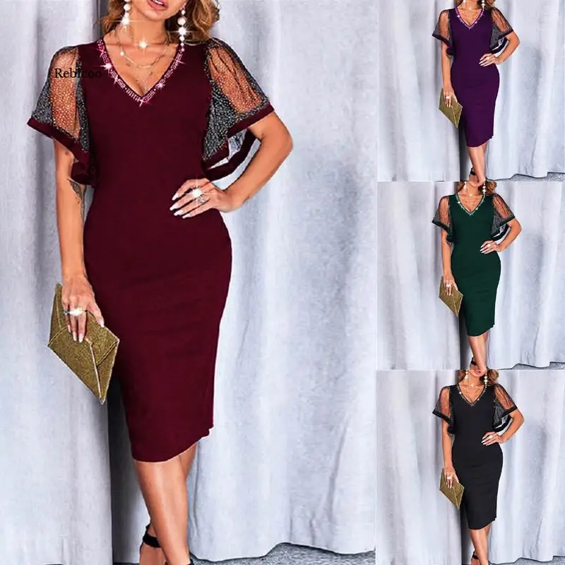 2022 Trumpas Rankovės Šalis Suknelė Moterims, Elegantiškas V Kaklo Akių Diamond Susiuvimo Office Suknelė Atsitiktinis Femme Bodycon Suknelė