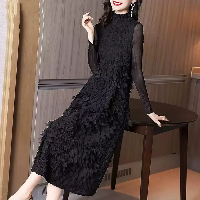 2022 m. Pavasarį Elegantiškas Moteris Derliaus Atsitiktinis Juodos Suknelės ilgomis Rankovėmis Pusė Aukšta Apykakle Suknelė Appliques Prašmatnus Suknelė Moterims K48