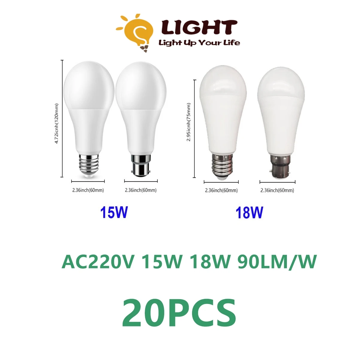 20pcs LED Lemputės, Lempos, E27 A60 B22 AC220V-240V 15W 18W didelės Galios 3000K/4000 K/6000K Lampada Energijos Taupymo Lempa
