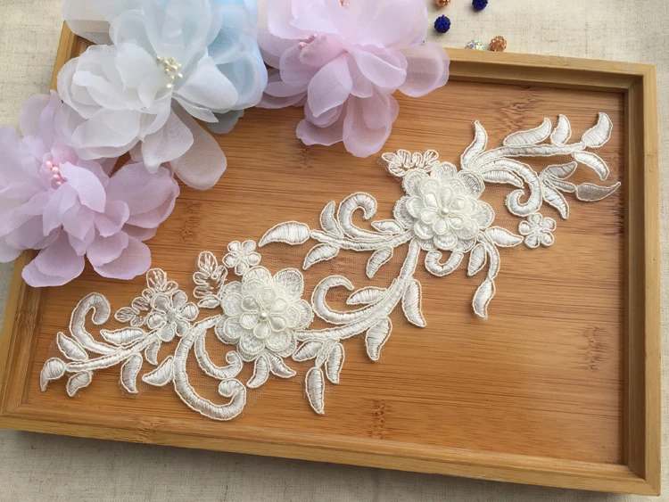 Aukštos Kokybės Viskozės Nėrinių Aplikacijos 3 Sluoksnių 3D Perlų Karoliukus, Gėlių Siuvinėjimas Pora Gėlių Nuotakos Suknelė Priedai