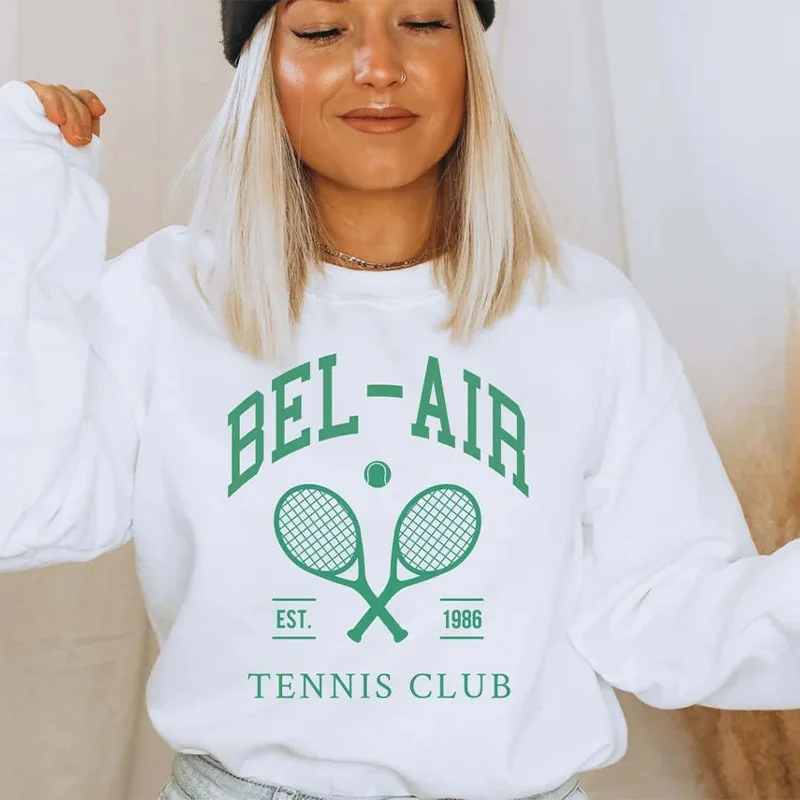 BEL-AIR Teniso Klubas Grafinis Moterų Baltos Palaidinės ilgomis Rankovėmis Prarasti Medvilnės Crewneck Megztinis Rudenį Storas Fleece Šilti Džemperiai