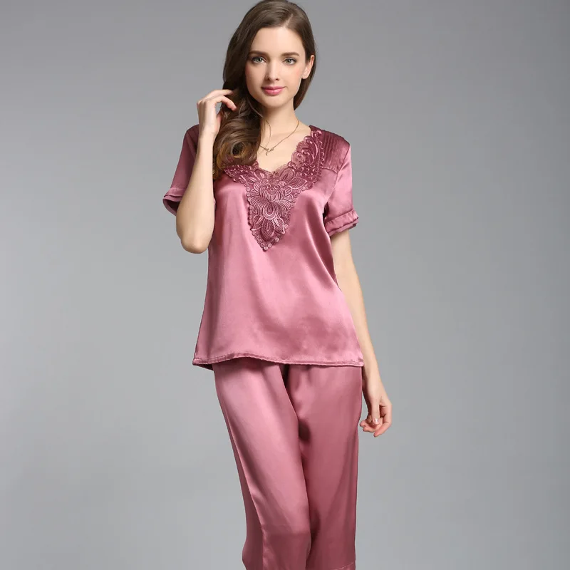 Birdsky, 1PC Moterų pižama pijamas pajama nustatyti, naktiniai drabužiai trumpas rankovės nėrinių sleepwear V kaklo 100% mulberry šilko satino kietas, S-288