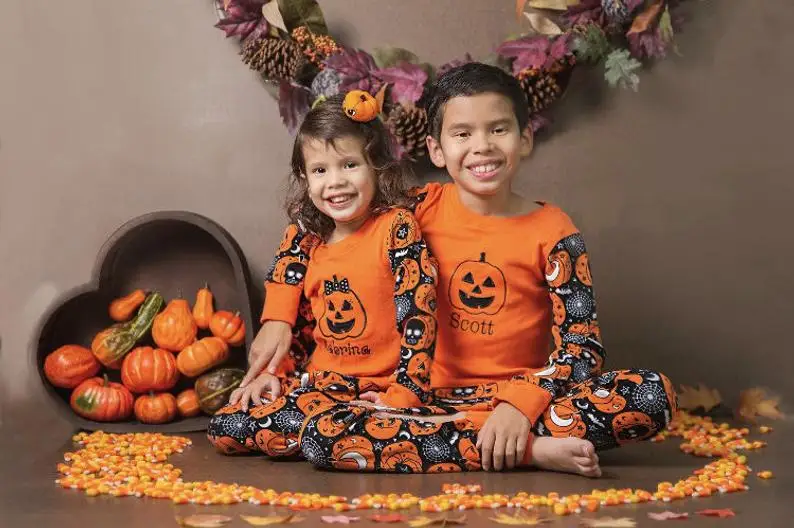 Brolis ir sesuo namo atostogų pižama nustatyti Helovinas išsiuvinėti ilgomis rankovėmis viršuje + kelnės spausdinti