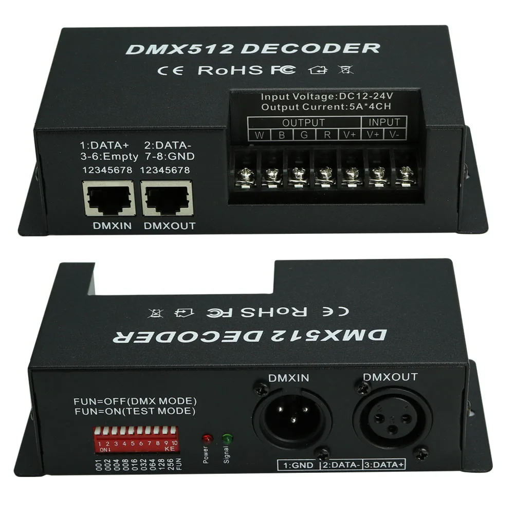 DMX 512 RGBW LED Dekoderis 4 Kanalų RGBW Nuolat Dimeris LED Juostelės žibintai, Juoda Plastikinė Dėžutė DMX RGB Valdiklis 5A DC12-24V