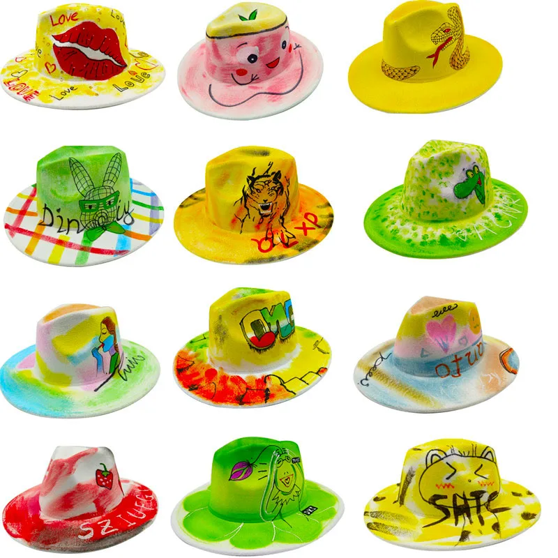 Didmeninės kainos moterų FEDORA kaklaraištis dažyti skrybėlę 3D dažytos grafiti fetrinė skrybėlė šalis skrybėlę modelio foto platus kraštų Panamos skrybėlė Unisex skrybėlę
