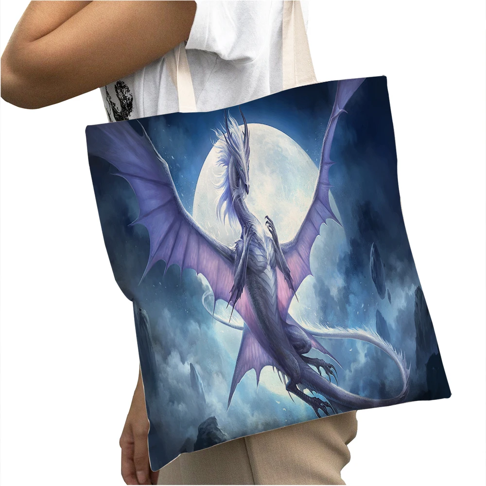 Dragon Modelis Shopper Bag Drobės Prekybos Centrų Tote Rankinė Mados Animacinių Filmų Gyvūnų Panele, Mergina Meno Moterų Didelių Pajėgumų Pirkinių Krepšiai