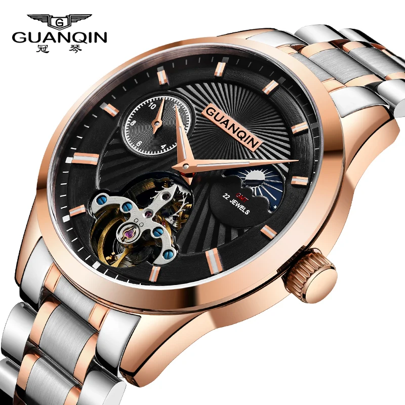 GUANQIN Automatinis laikrodis Mėnulio Fazės Mens Watch Odos Plieno Laikrodžio Dirželis Šviesos Smagratis Ekranas Vyrų Rankiniai Laikrodžiai GJ16105 Naujas