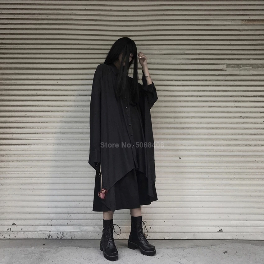 Harajuku Japonų Samurajus Moterų Ilgų Juoda Palaidinė Marškinėliai Suknelė Nesimetriškas Nereguliarus Skraiste Suknelė Viduramžių Punk, Gothic Drabužiai
