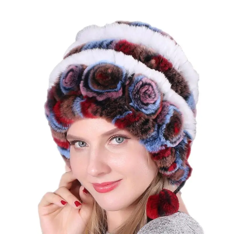 Kailio Kepurę Moterims Žiemą Šiluma Pūkuotas Minkštas Mezgimo Skrybėlę Purus Gėlės Dryžuotas Minkštas Mezgimo Kepurė Su 3 Pom Pom