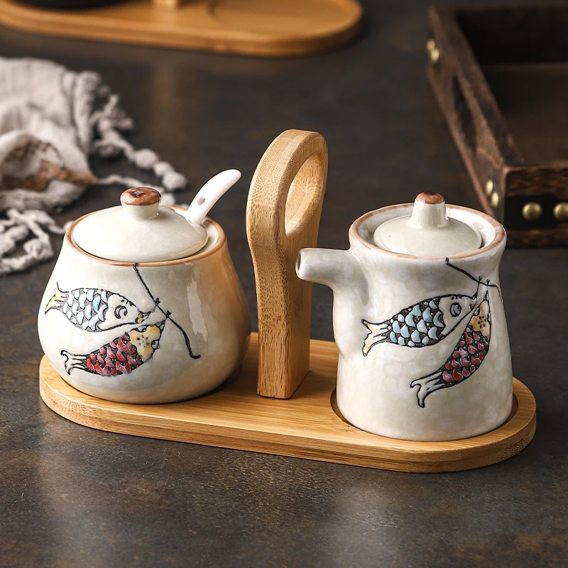 Keramikos Kūrybinis Japonų Stiliaus Prieskonių Indelį Nustatyti Angliavandenilių Prieskonių Dėžutė, Sojos Padažas, Actas, Čili Balionėlis Medinis Padėklas