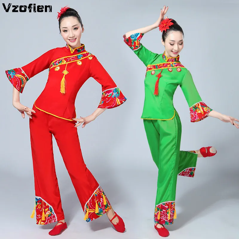 Kinijos Liaudies Yangko Šokių Drabužių Raudona/žalia Tradicinių Nacionalinių Ventiliatorius Dancewear Moterų Etninės Skėtis Šokių Aprangą Orientuotis Medžiaga