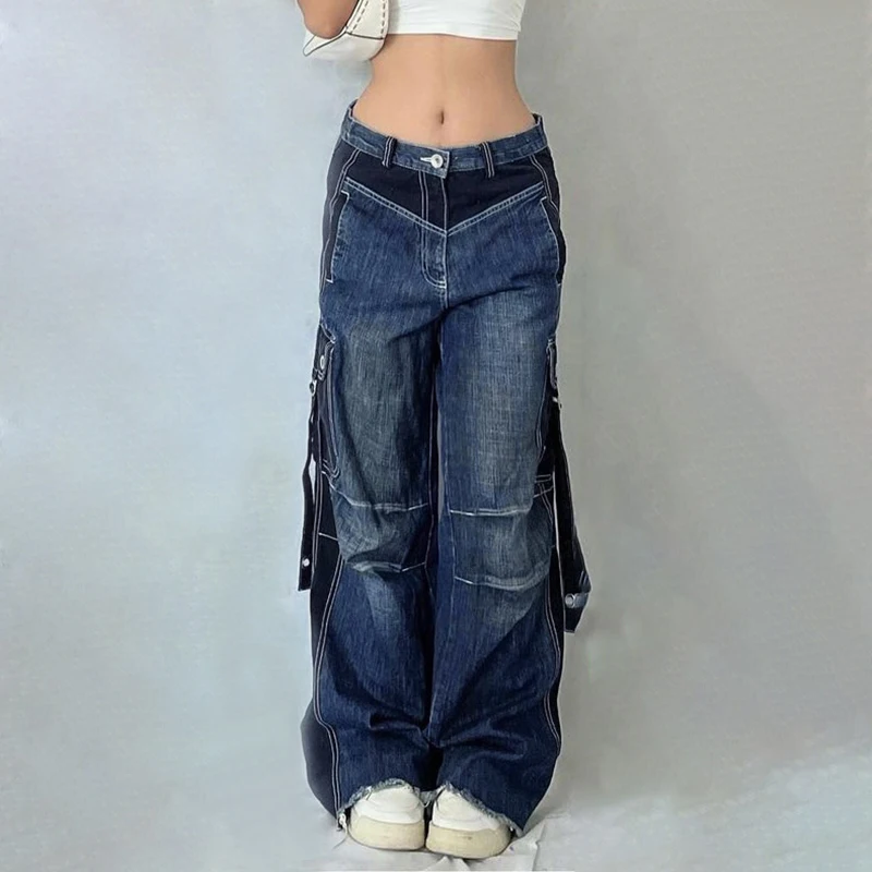 Korėjos Mados Derliaus Cargo Džinsai Didelis Kišenės 2000-ųjų Retro Žemas Augimas Kratinys Baggy Kelnės Y2K Indie Prarasti Džinsinio audinio Kelnės