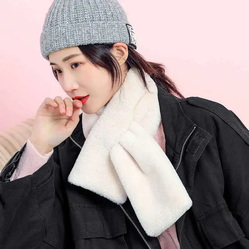 Korėjos Stiliaus Žiemos Sutirštės Šiltas, Prabangus Šalikas Moterims Rudenį Vientisos Spalvos Dirbtiniais Kailiais Kryžiaus Šalikai Mergina Minkštas Kaklo Žiedas Šalikas Naujas