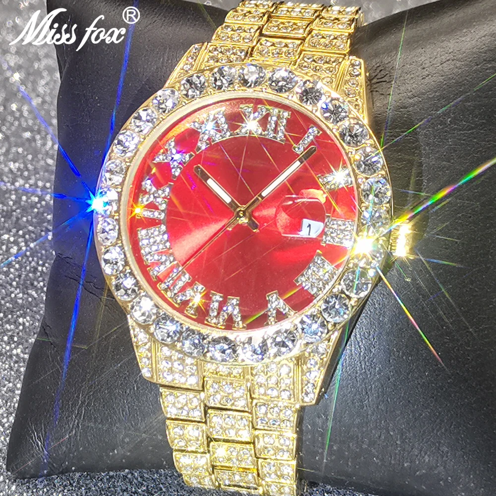 MISSFOX Vyrų Laikrodžiai Top Design Prekės Prabanga Aukso Lediniame Iš AAA Diamond Bling Žiūrėti Visą Nerūdijančio Plieno, atsparus Vandeniui Verslo Laikrodis