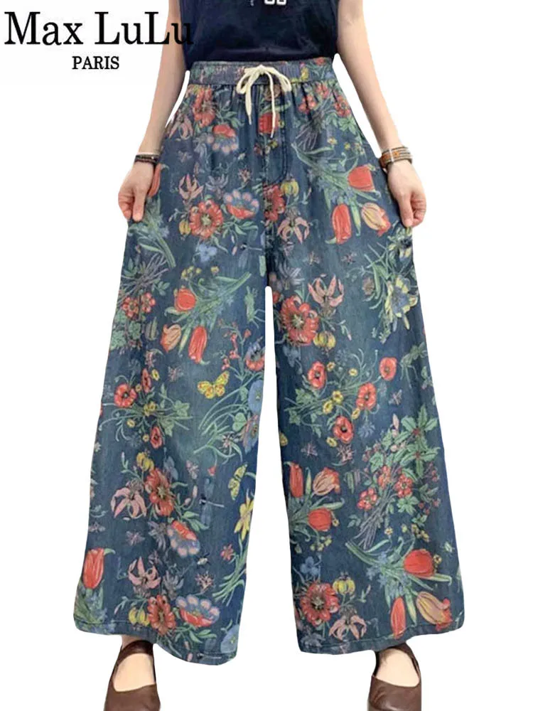 Max LuLu 2022 Harajuku Stiliaus Drabužius Vasarą, Moteriški Gėlių Prarasti Spausdinti Pločio Kojų Kelnės Vintage Laisvalaikio Aukšto Juosmens Klasikiniai Džinsai