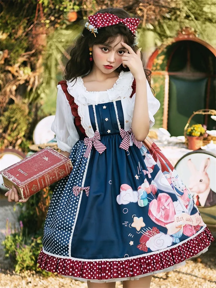Medvilnės Derliaus Lolita Jsk Puikus Suspender Suknelė Tarnaitė Anime Merginos Mielas Cosplay Loli Apranga Tamsiai Mėlyną Šviesą Vestido