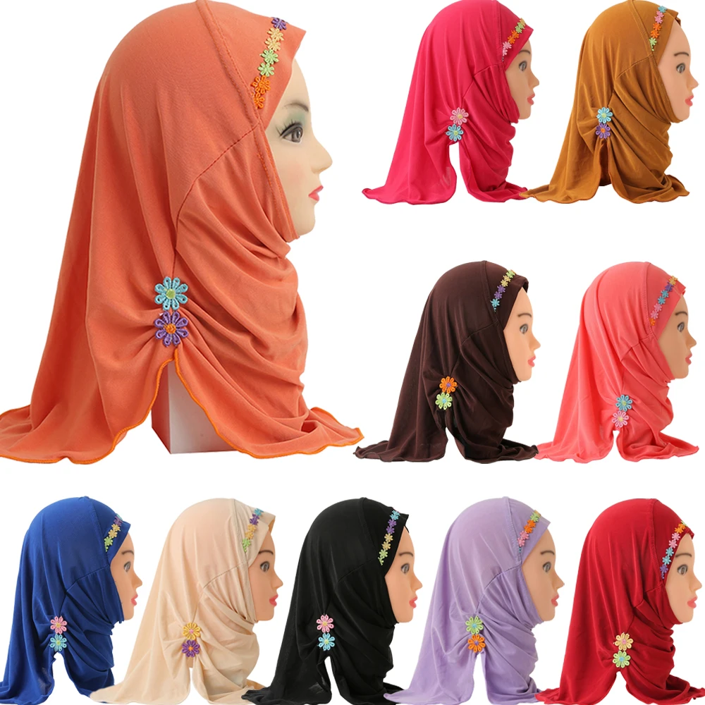 Mergaites, Vaikai Musulmonų Gražus Hijab Islamą, Arabų Šalikas Skaros Gėlių Wrap Skara Galvą Skara Amira Vienas Gabalas Hijab Bžūp Pilnas draudimas 2-6Y