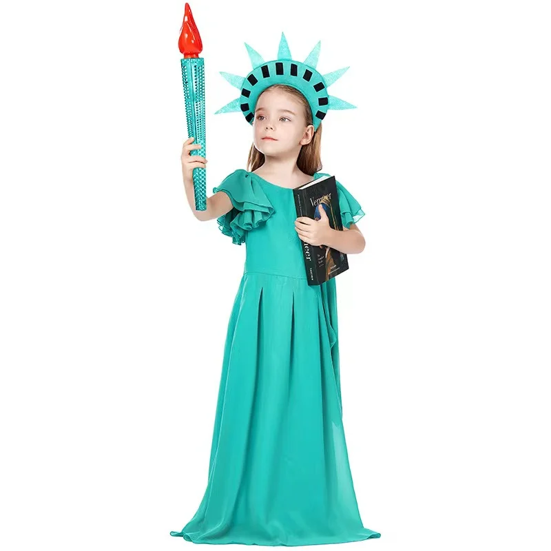 Merginos, JAV Laisvės Statula Cosplay Vaikai Vaikai Helovinas Senovės graikų Deivė Kostiumai Karnavaliniai Puras Vaidmuo Šalis Suknelė