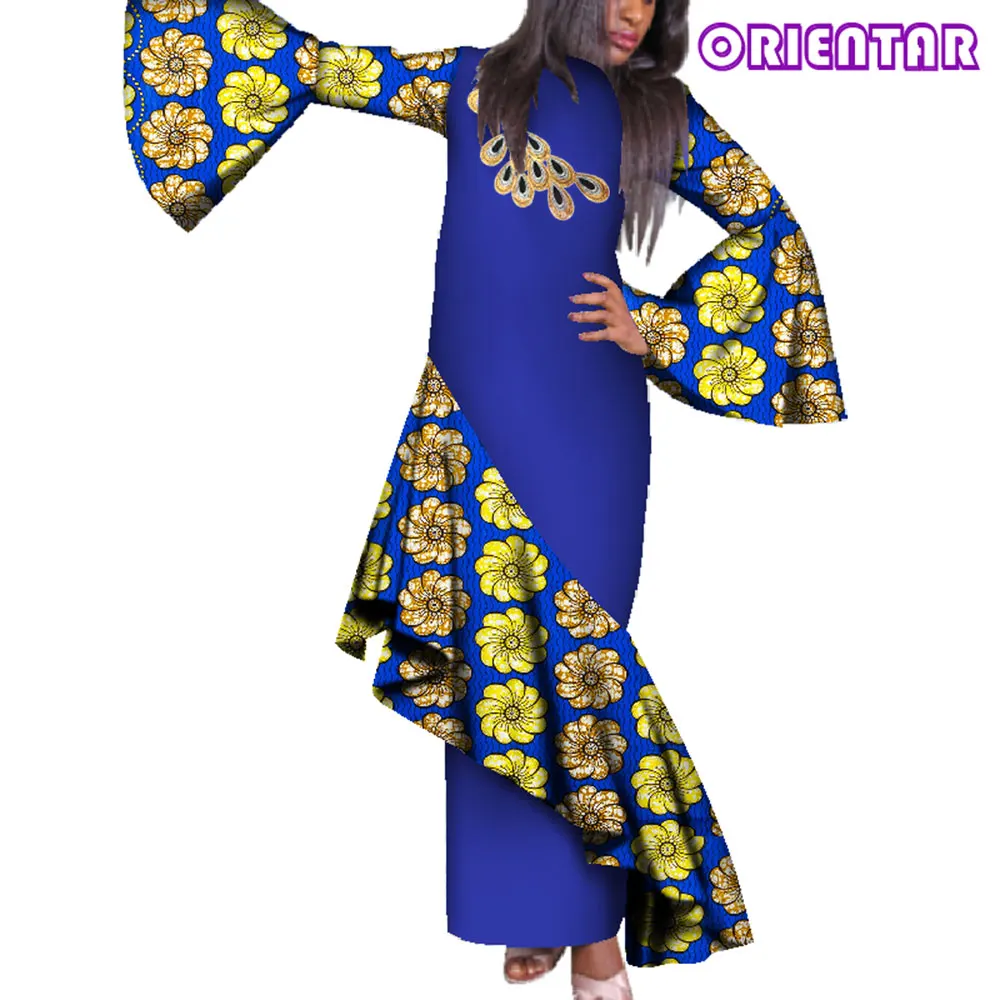 Moterys Afrikos Suknelė Afrikos Spausdinti Medvilnės Maxi Suknelės Blyksnius Rankovėmis Suknelė Plius Dydis heidi bazin Riche Drabužius Privačių Užsakymą WY289