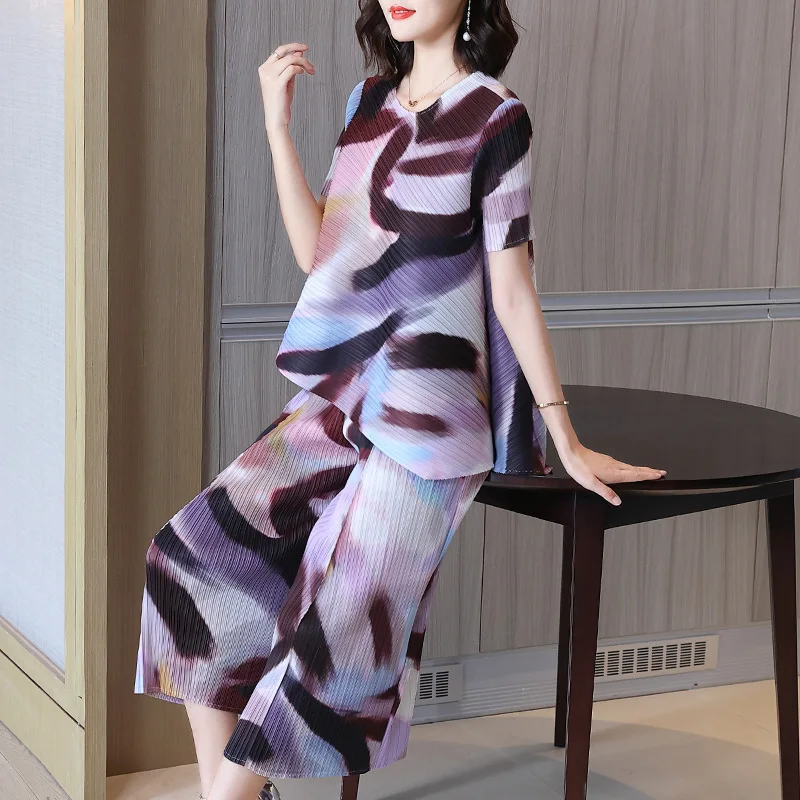Plisuotos Užsienio Stiliaus Spausdinimo Laisvalaikio Kostiumas Moterims Vasaros Motinos Suknelė Dizaino Prasme Didelio Dydžio Dviejų dalių Komplektas
