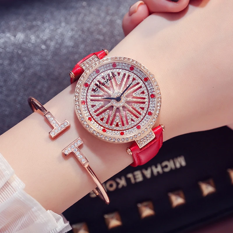 Prabangos Prekės Raudona mados suknelė Ponios Laikrodžiai Vandeniui Mados Moterų laikrodžiai su deimantu, akmens, plieno watchband