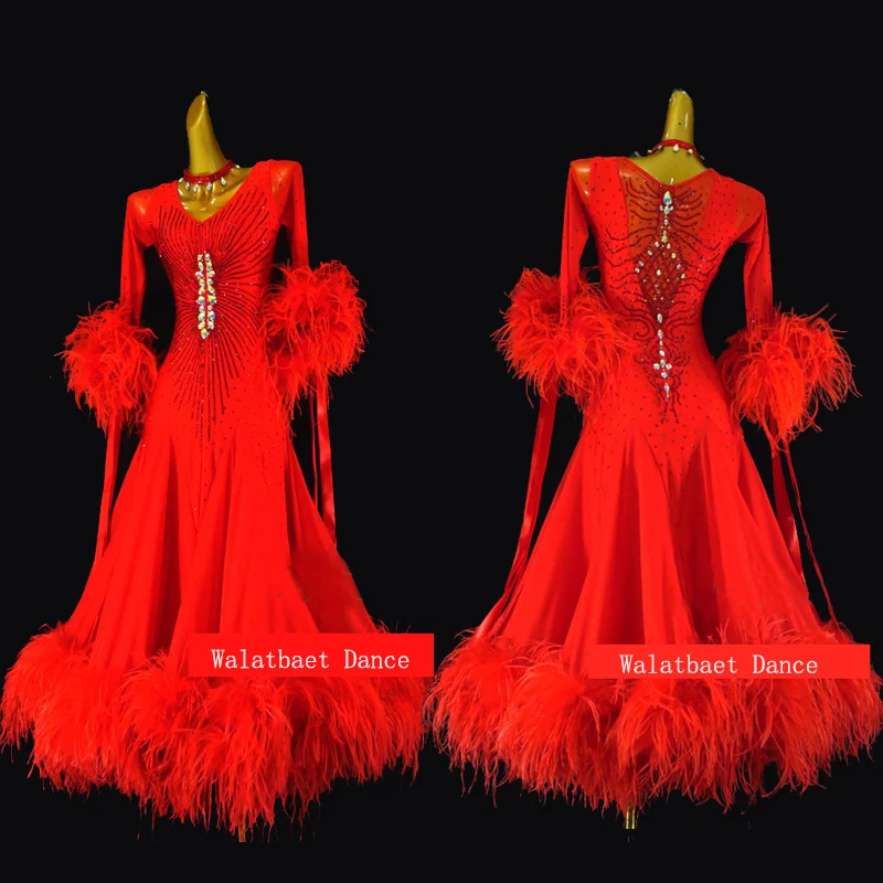 Raudonos Plunksnos Standartinių Sportinių Šokių Suknelė Moterų, Mergaičių Konkurencijos Kostiumas Lycra Valsas Etape Šampanas