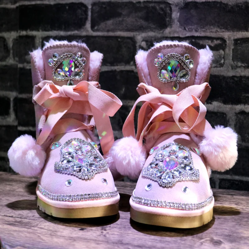 Rausva oda sniego batai kristalų triušio kailio kamuolys nėrinių kailio moteriški medvilniniai bateliai rankų darbo custom didelio dydžio 35-44