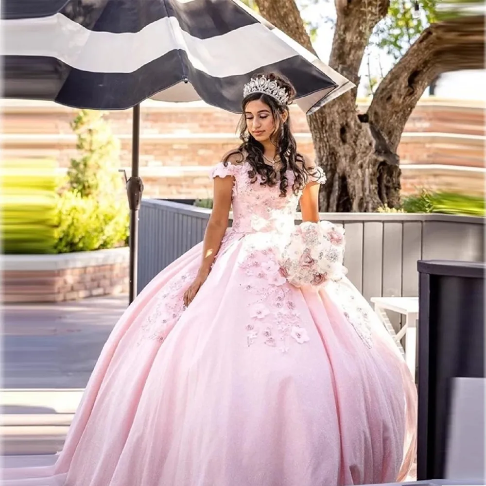 Rausvos spalvos, nuo Peties Princesė Quinceanera Suknelės 2022 Tiulio Kamuolys Suknelė Suknelė 3D Gėlių Brangioji, Vestidos De Fiesta