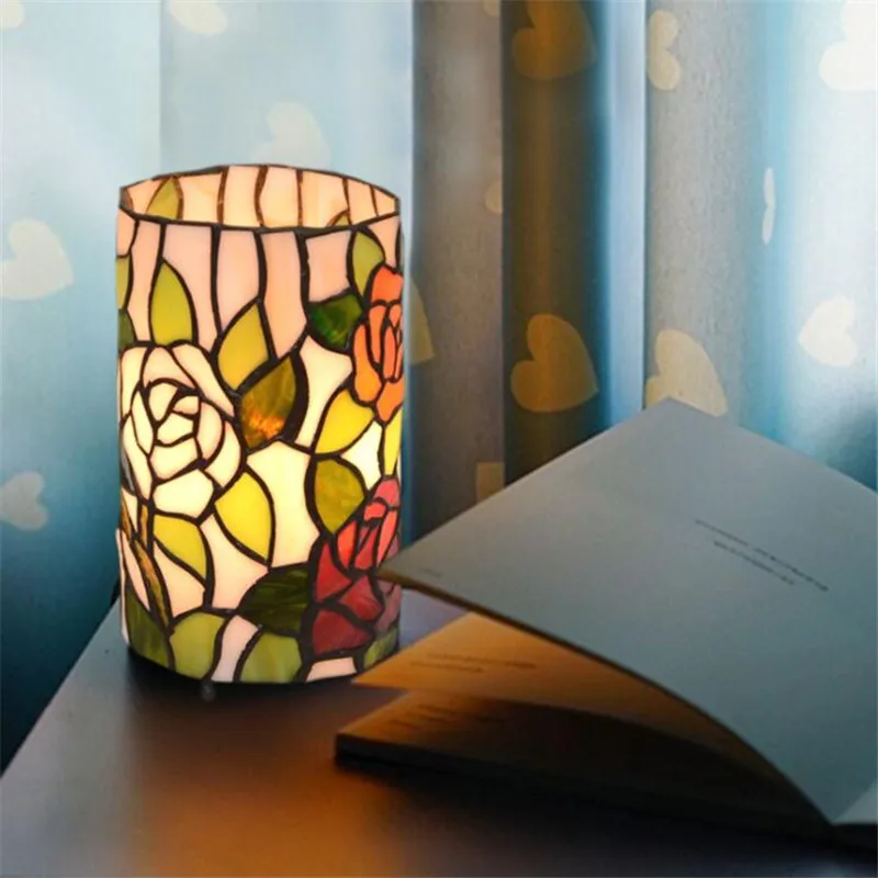 Romantiška Tiffany Stiklo Rožės Cilindrų Stalo Lempa Fojė Lova Baras Butas Stiklo Skaitymo Nakties Šviesa H 20cm 1073
