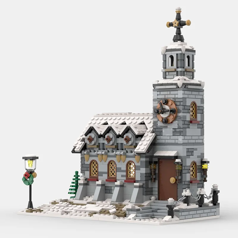 SS-58208 Gatvės Žiemą Bažnyčios Statyba Blokai Žaislai Scena Sniego Namus Modulinė Architektūra Vaikai Modelis Rinkiniai