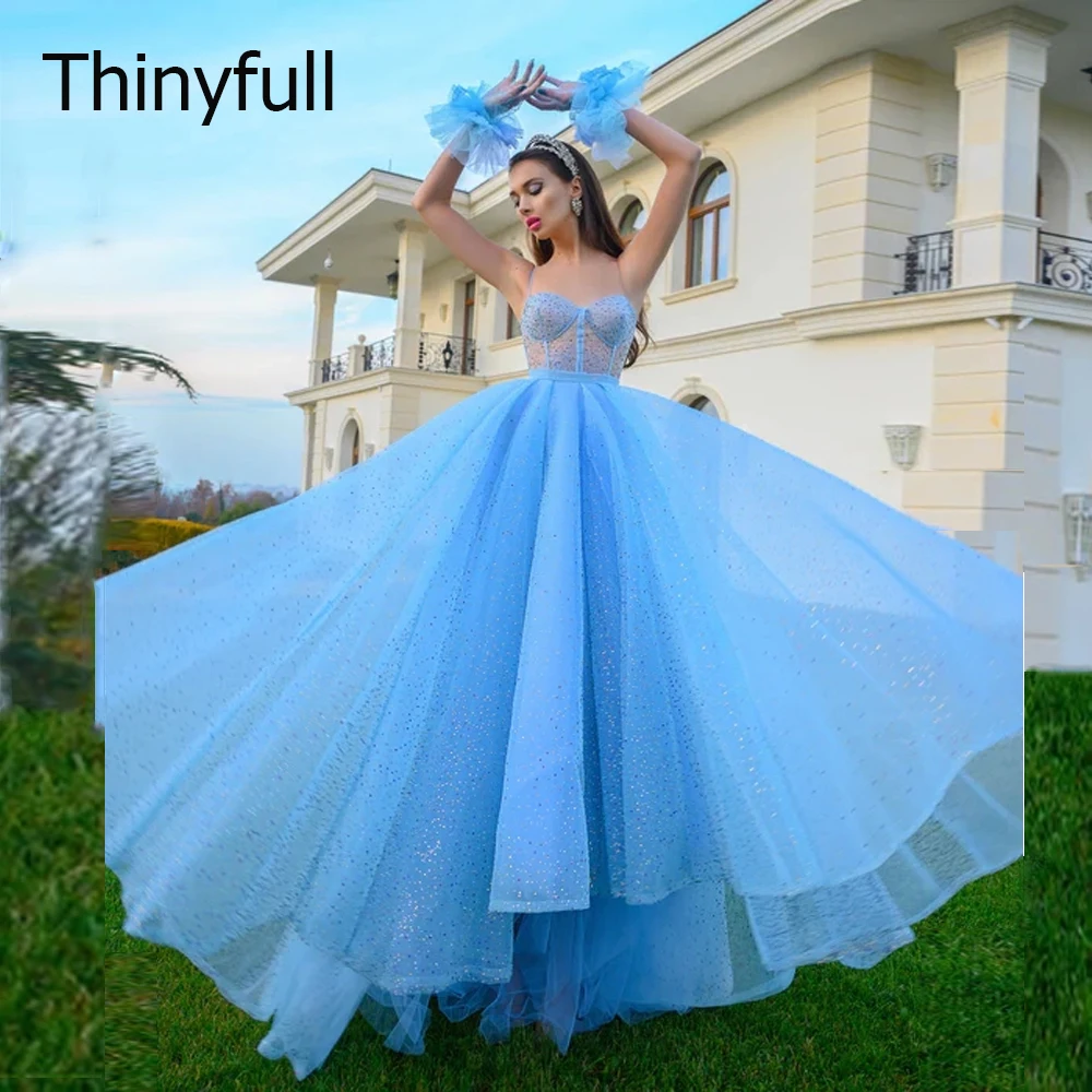 Thinyfull Prabangių Blizgančių Dangus Mėlynas Vakaro Suknelės Brangioji Spagečiai Dirželiai Organza Šalis Dress Fairy Grindų Ilgis Prom Chalatai