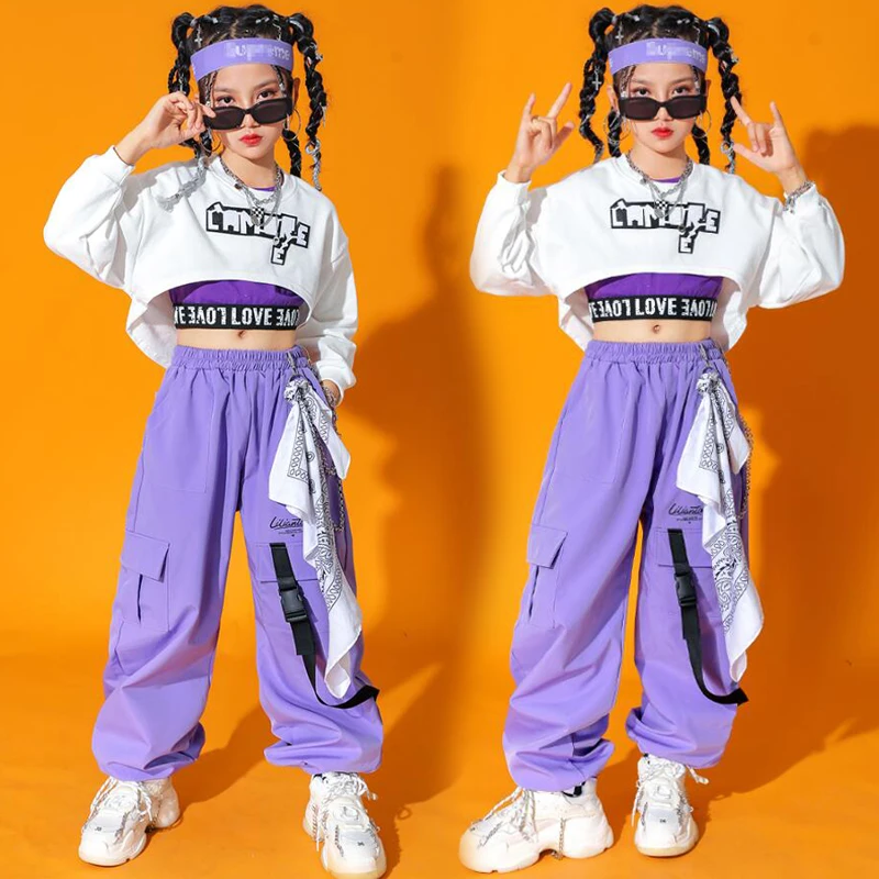 Vaikai Rave Kpop Hip-Hop Balta Pasėlių Top ilgomis Rankovėmis Marškinėliai Tee Atsitiktinis Streetwear Krovinių Pants Mergina Džiazo Šokio Kostiumų Drabužiai