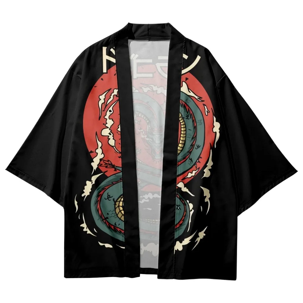 Vasaros Paplūdimio Streetwear Japonų Anime Dragon Spausdinti Tradicinių Kimono Vyrai Moterys Yukata Cardigan Cosplay Haori Juoda Danga