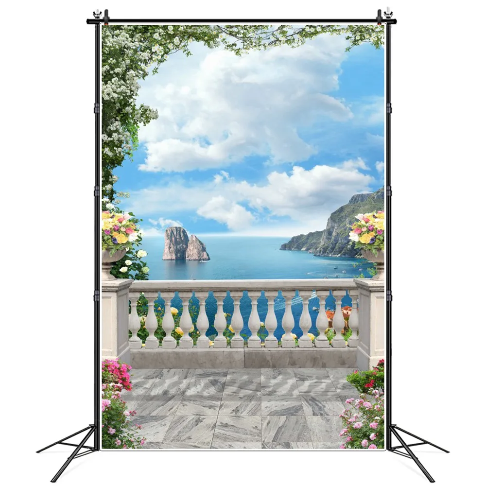Viny Gėlės Balkonas Rock Island Apdailos Fotografijos Backdrops Stovėti Pajūrio Sodo Gėlių Kalnai, Laivai, Foto Tapetai