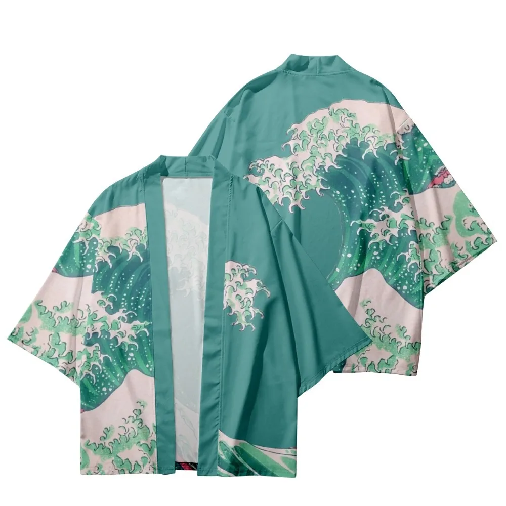 Vyrai Haori Yukata Japonų Kimono Ir Šortai Nustatyti Cardigan Cosplay Drabužiai Moterims Bangos Spausdinti Kimono Rankovėmis
