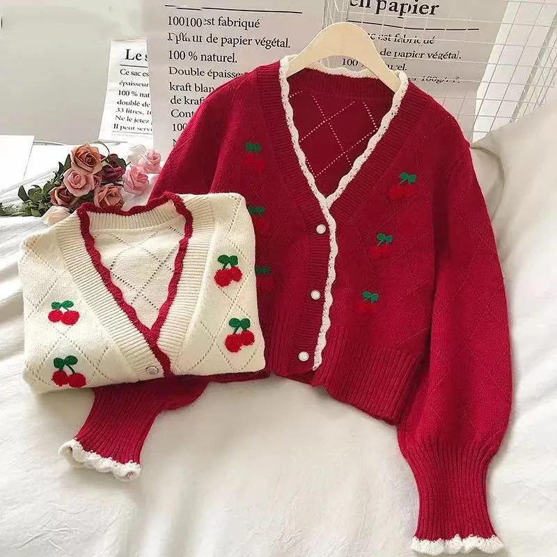 WYWMY Išsiuvinėti Cardigan Megztinis Moterims Dėvėti Megztiniai Saldus Sluoksniuotos Rankovėmis Trumpą Mujer Chaqueta Rudens Žiemos V Kaklo Cherry Megztiniai