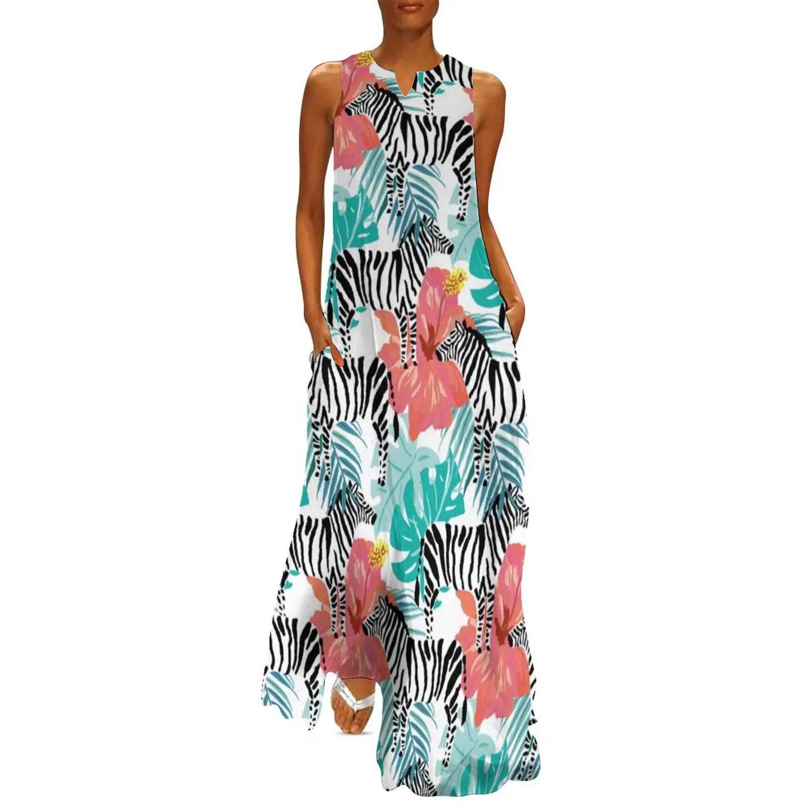 Zebra Vintage Suknelė Vasaros Hibiscus Gėlės ir Palmių Lapų Estetinės Atsitiktinis Ilgos Suknelės Lady Spausdinti Šalis Maxi Suknelė Didelis Dydis 4XL