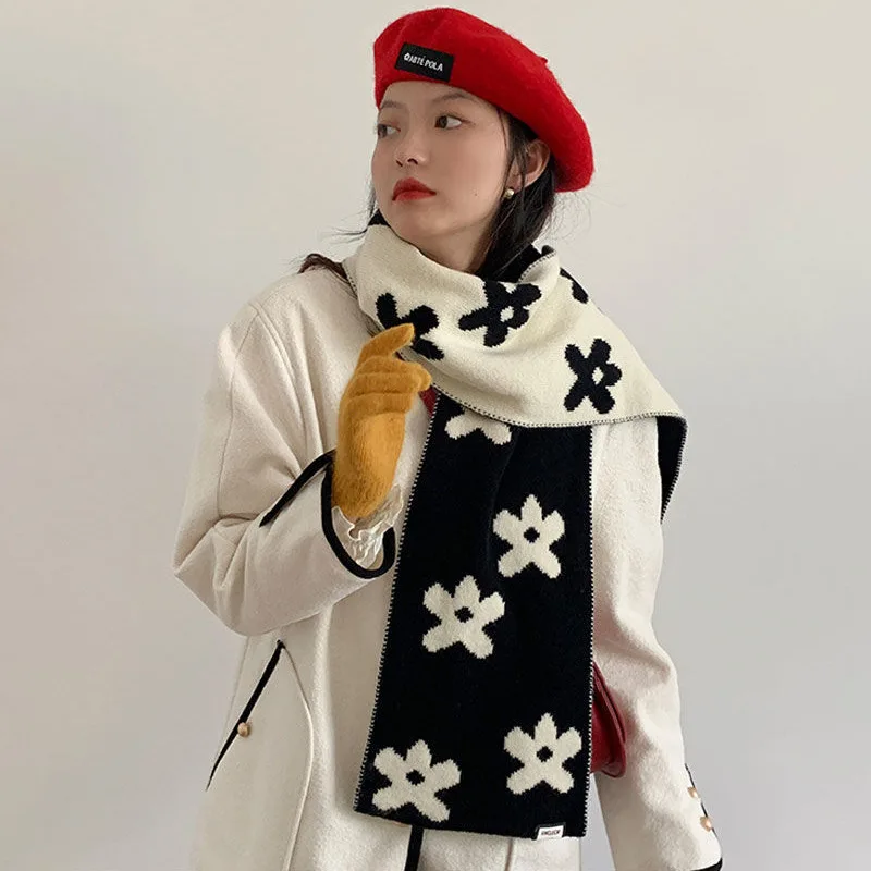 Šiltas Vilnos Foulard Skara Moterų Kratinys Dizaino Vilnos Megzti Žiemos Skara dvipusis Gėlių Šalikus Moterims