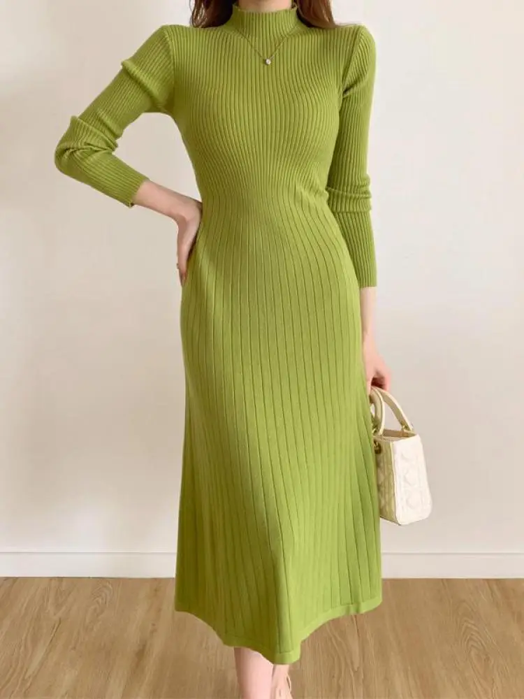 Žalia Megzti Moterų A-Line Dresses Rudens Žiemos Pusė Golfo ilgomis Rankovėmis Trikotažas Megztinis Sukneles Ponios