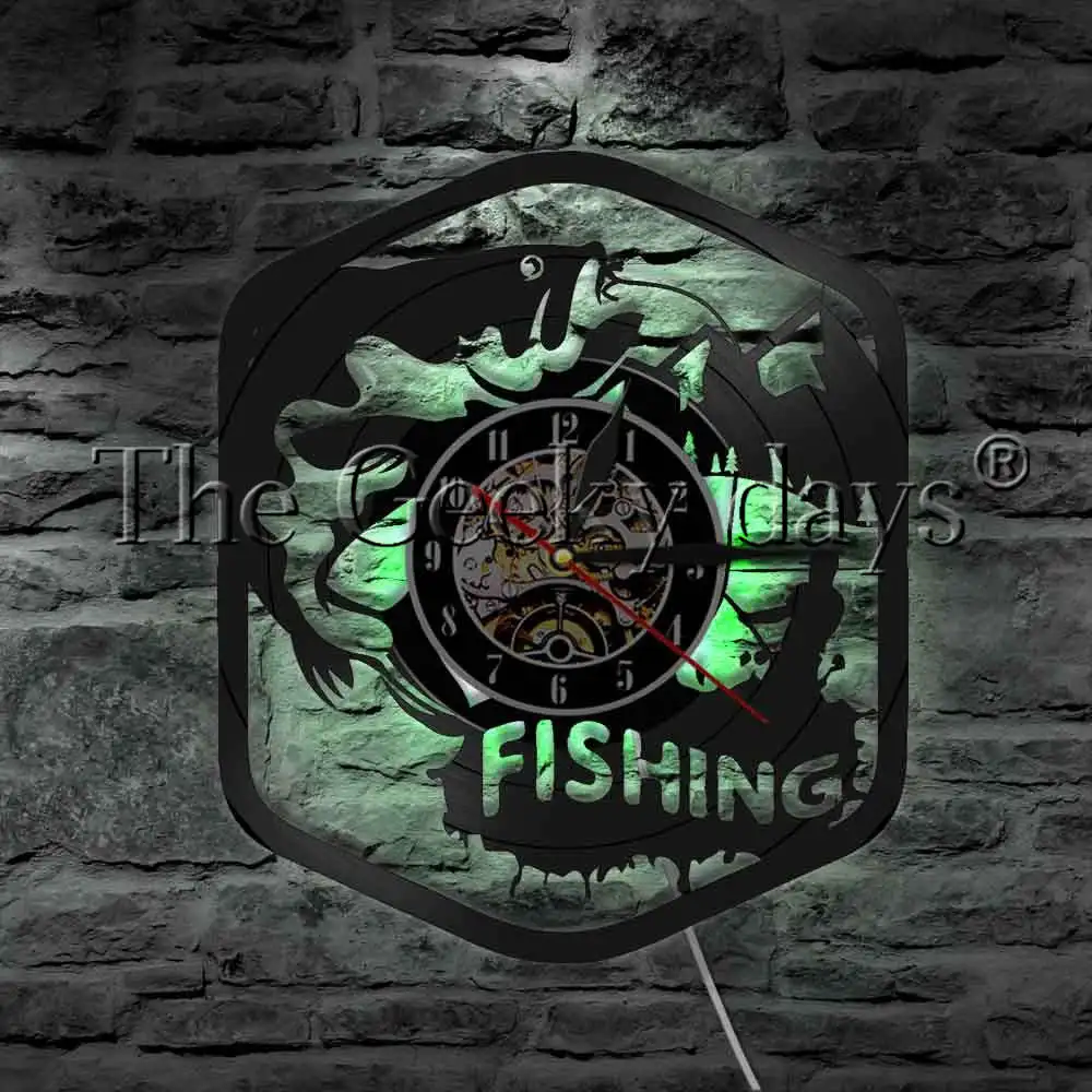 Žvejybos Pasirašyti meškere Žuvis Kablys Vinilo Įrašas Sieninis Laikrodis Modernios Sienos Lempos Big Fish LED Nakties Šviesos Žvejys Dovana